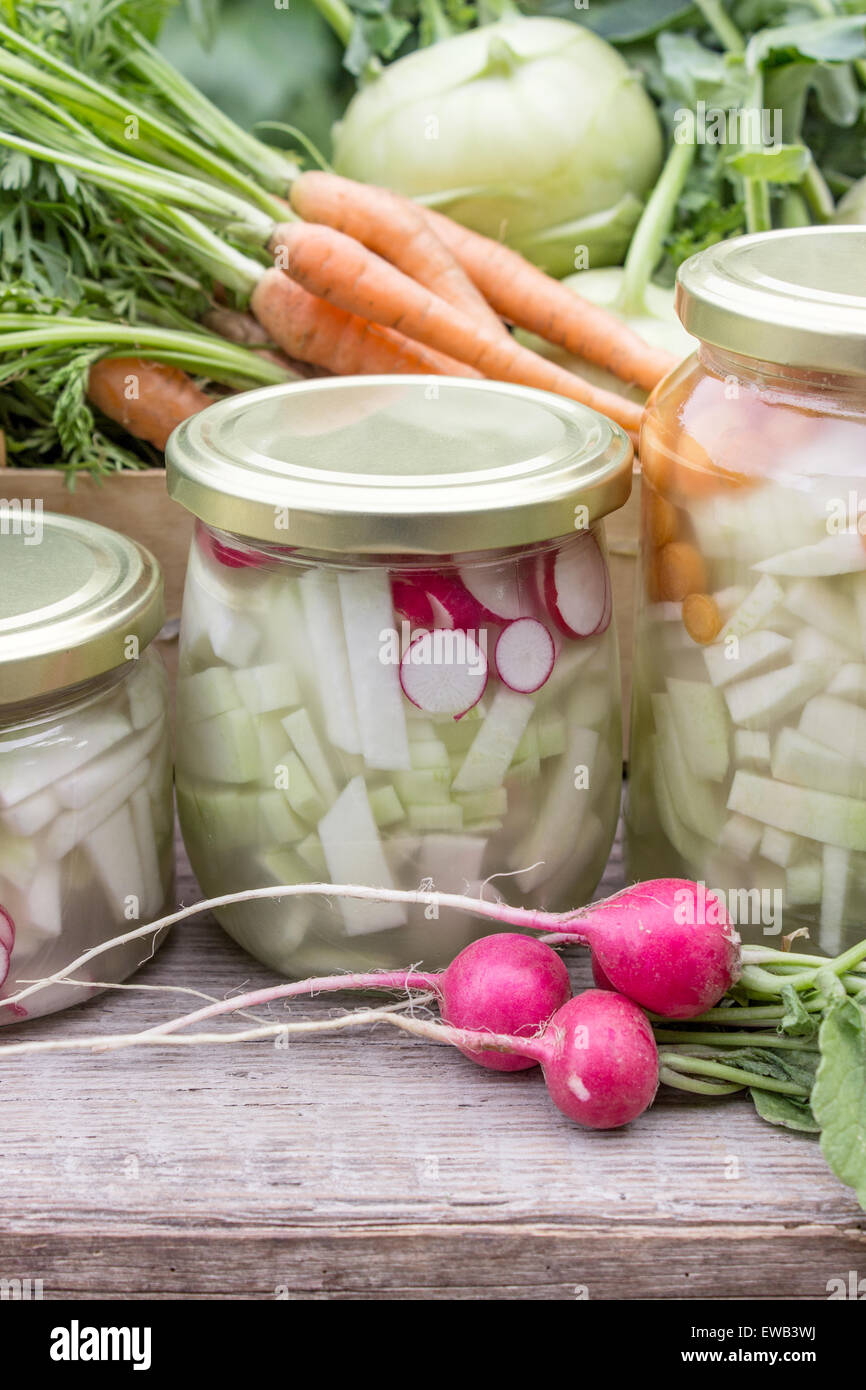 Lunettes avec de l'acide lactique légumes marinés, des navets, carottes et radis Banque D'Images
