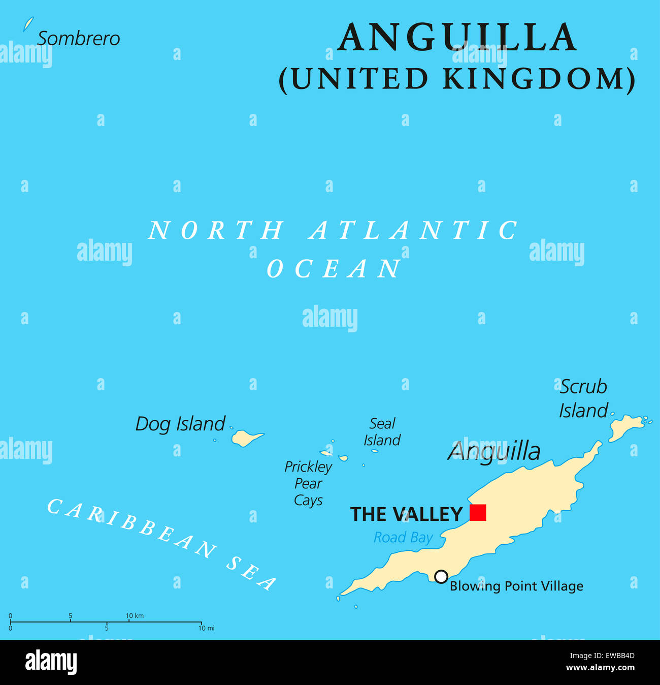 Anguilla carte politique de la peine de la vallée. Territoire britannique d'outre-mer dans les Caraïbes, au nord des îles Leeward. Banque D'Images