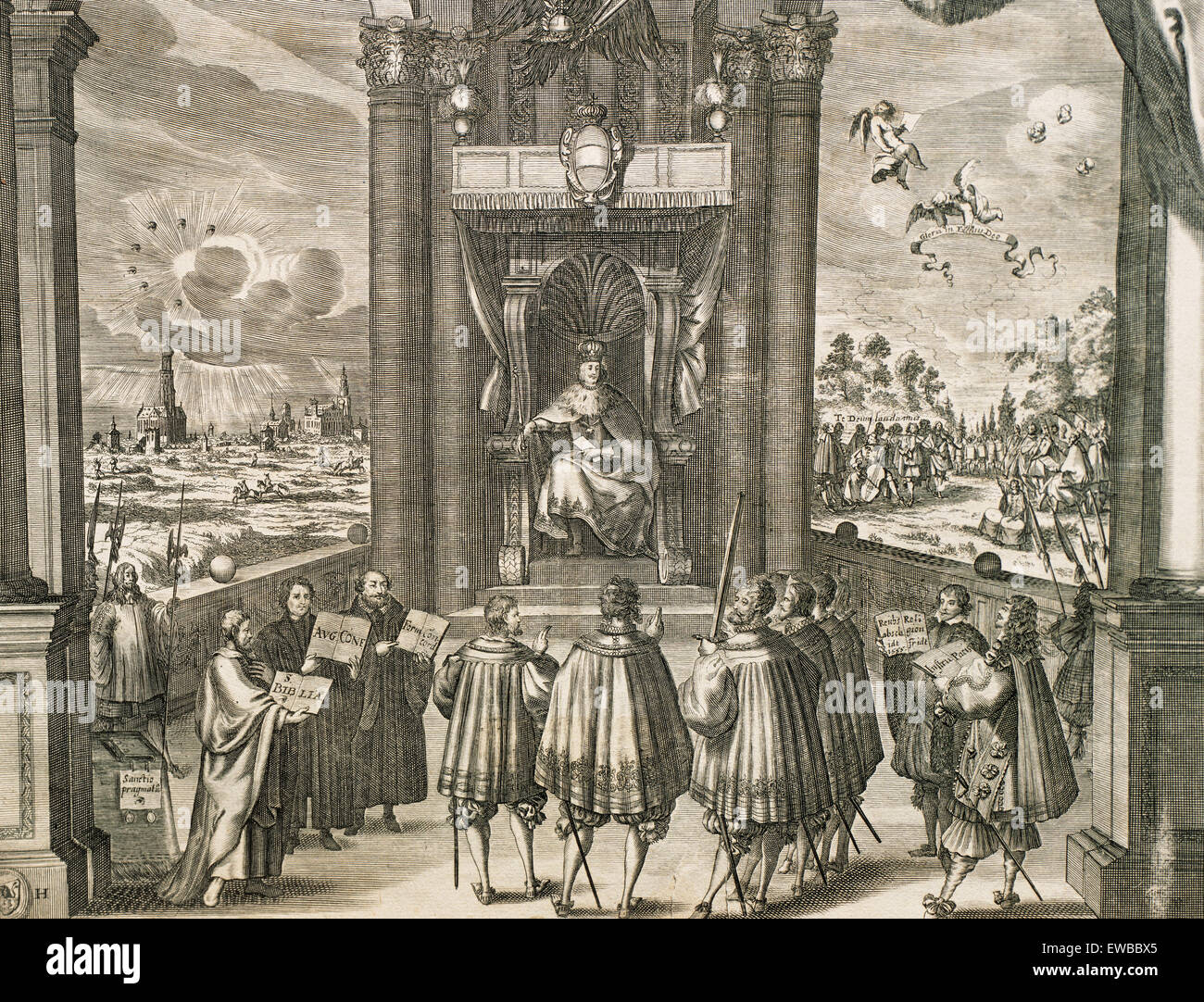 La paix d'Augsbourg (25 septembre 1555). Signé par Charles V et les forces de la Ligue Schmalkaldic, lors de la diète d'Augsbourg. Bible allemande, 17ème siècle. Banque D'Images