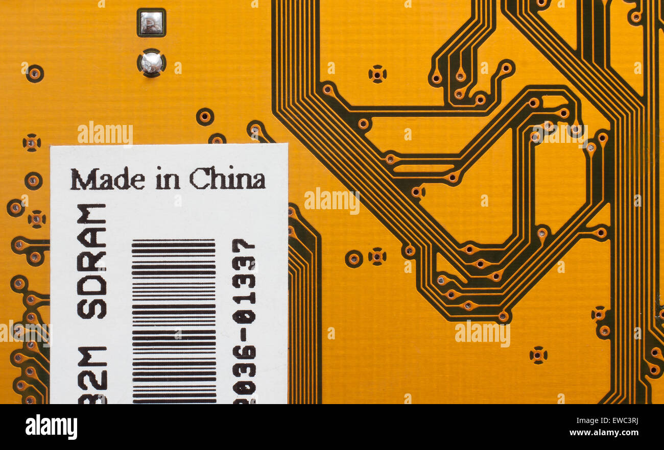 L'arrière-plan électronique. Pièces d'ordinateur avec l'étiquette Made in China Banque D'Images