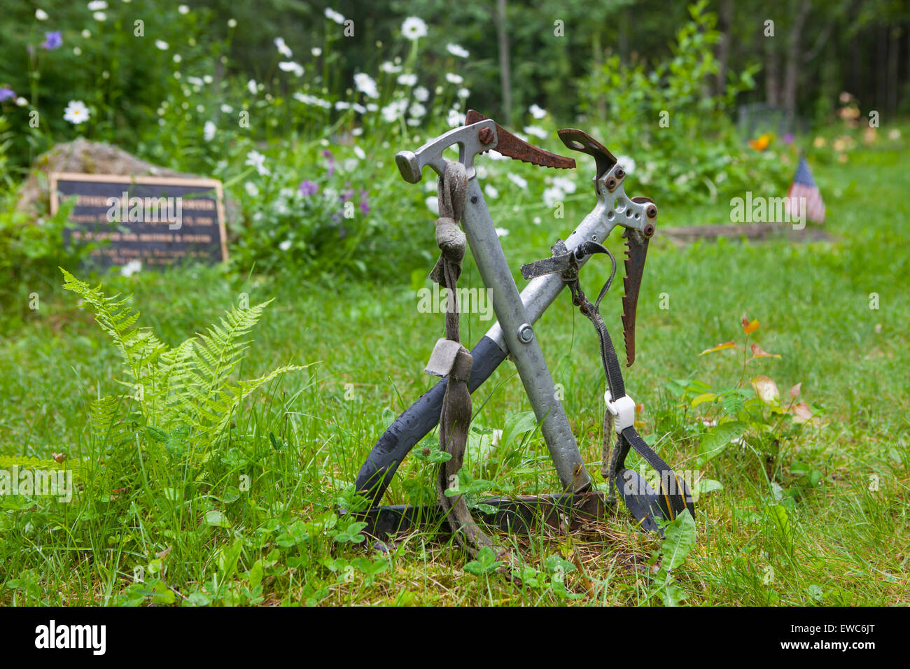 Deux piolets comme un mémorial sur le cimetière des alpinistes de Talkeetna, Alaska. Banque D'Images