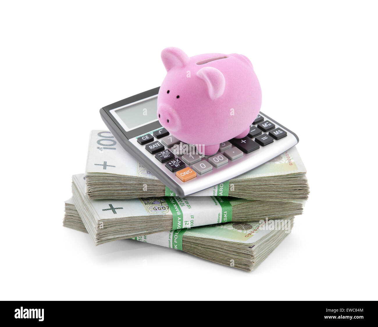 Tirelire avec d'origine polonaise et calculatrice Banque D'Images