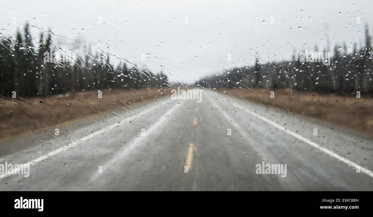 La conduite sur route de l'Alaska un jour de pluie. Banque D'Images