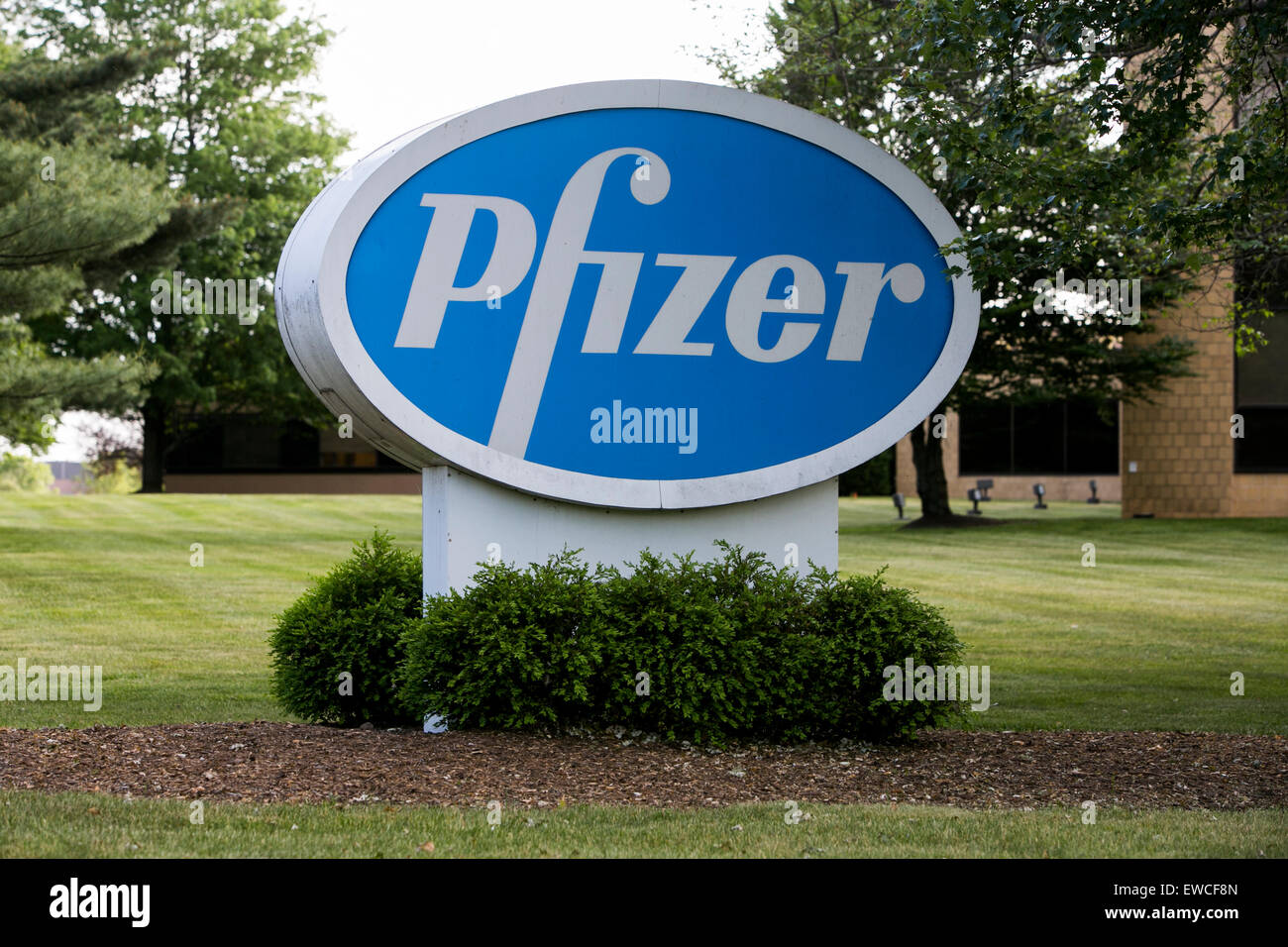 Un logo affiche à l'extérieur d'un établissement occupé par Pfizer, Inc., à Parsippany, New Jersey. Banque D'Images