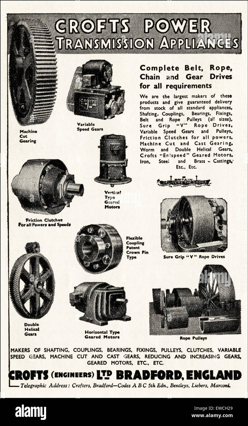 1940 Wartime publicité industrielle ancienne datée 1943 publicité Crofts Engineers appareils de transmission de puissance de Bradford Angleterre Banque D'Images