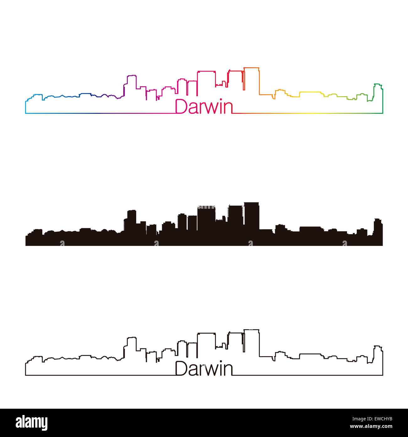 Darwin skyline style linéaire avec rainbow en fichier vectoriel éditable Banque D'Images