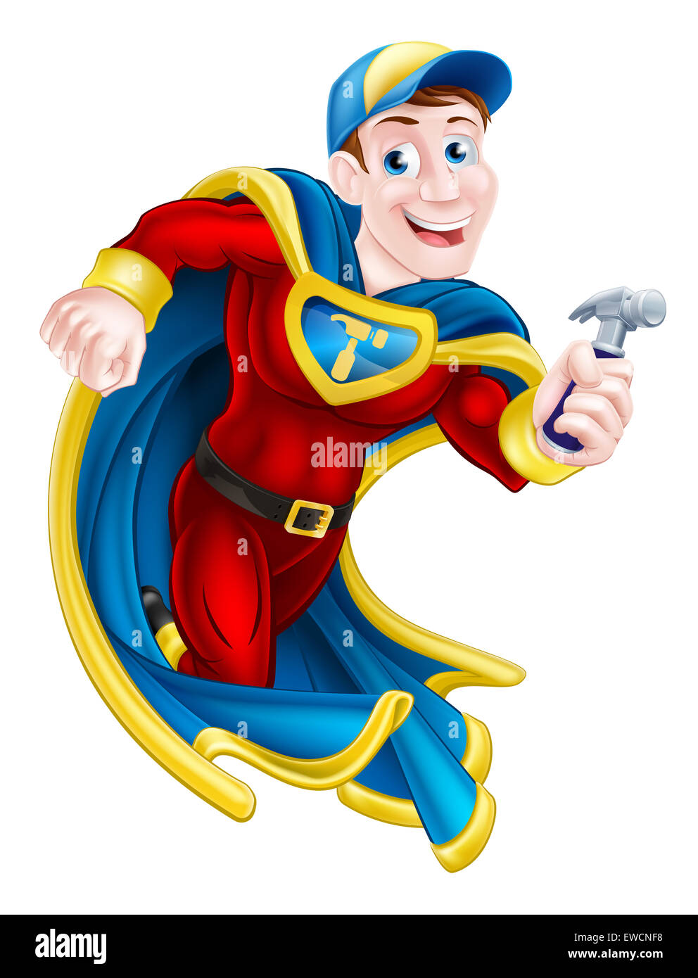 Illustration d'une caricature builder, bricoleur ou super-héros carpenter mascot holding a hammer Banque D'Images