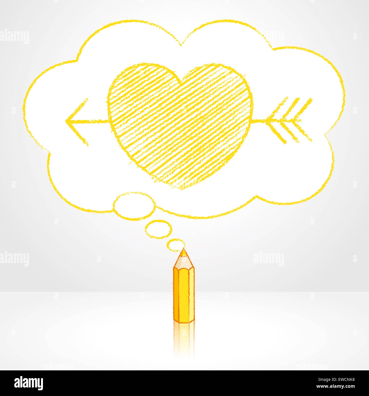 Crayon De Couleur Jaune Avec Dessin De Reflexion Cupid S Arrow Par CÅur Dans L Icone En Forme De Nuage Moelleux Pense Que Bulle Sur Fond Gris Photo Stock Alamy