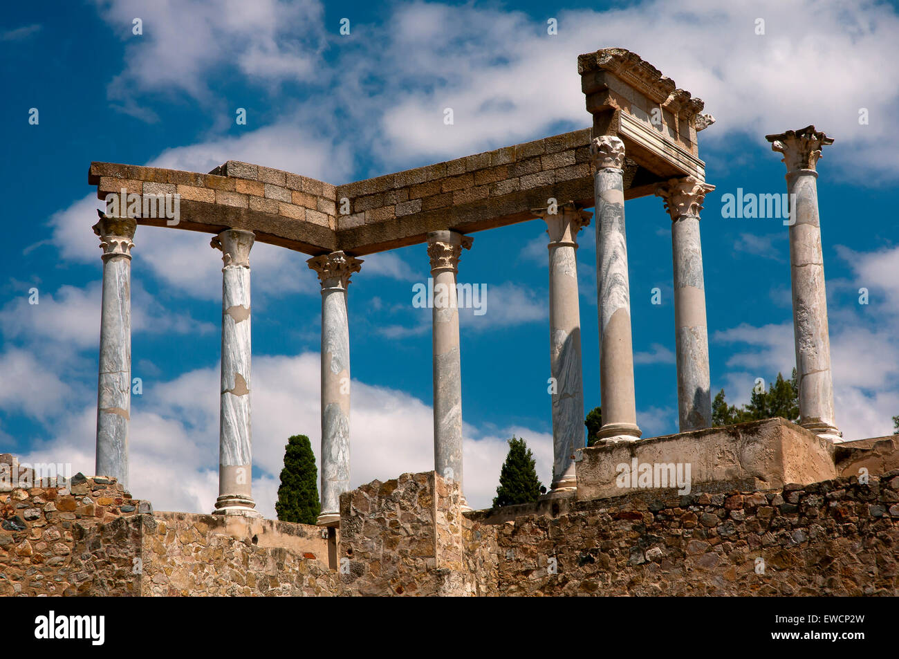 Théâtre romain- détail des colonnes, Merida, Badajoz province, région de l'Estrémadure, Espagne, Europe Banque D'Images