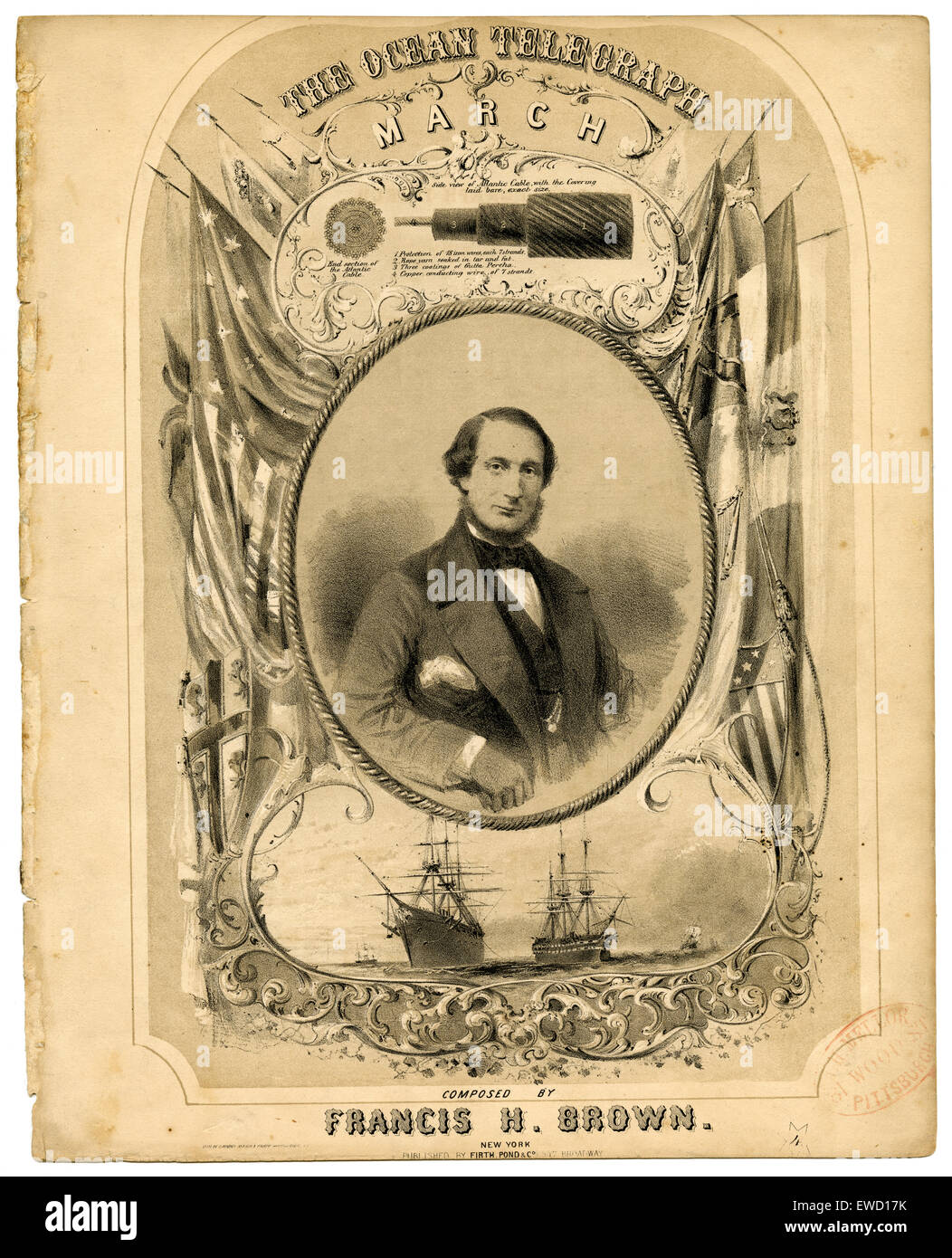 1858 anciens de musique en feuille, l'océan Telegraph Mars par Francis Brown, publié par Firth, étang & Co., avec le schéma du câble de l'Atlantique. Banque D'Images