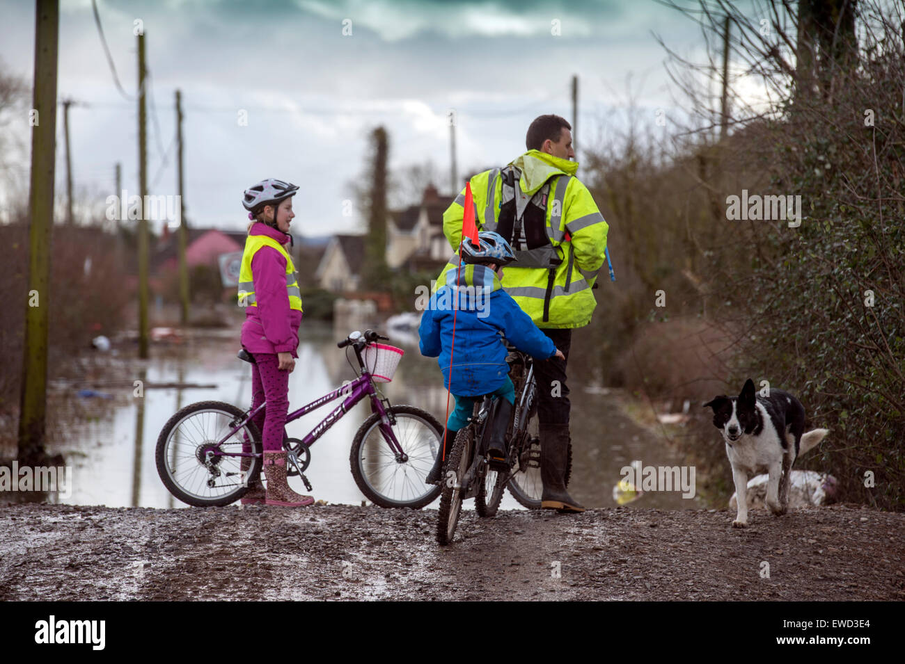 Une famille à vélo s'arrêter à un barrage temporaire empêche l'eau de l'inondation dans le village des Landes, Somerset UK Banque D'Images