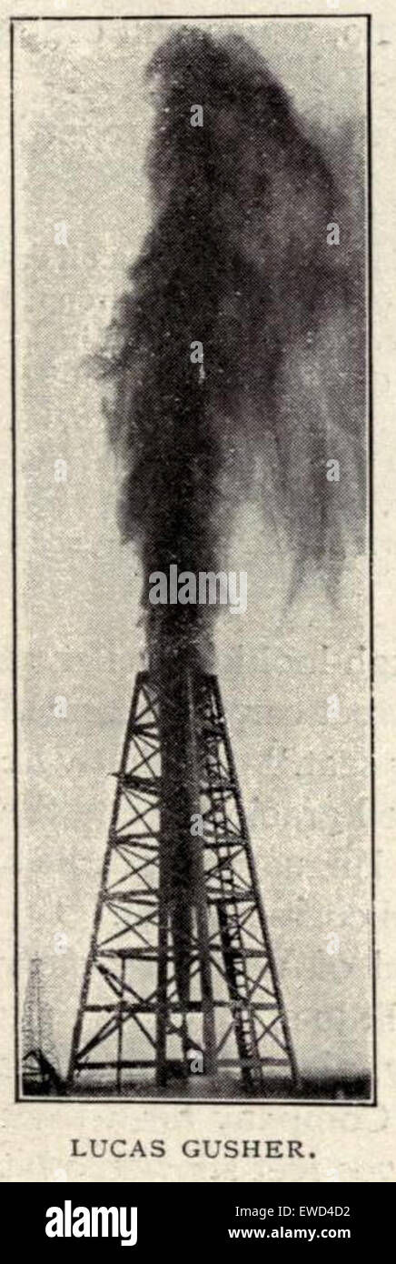 Une photographie historique du champ pétrolier McLaurin, montrant le Lucas Gusher, un événement majeur dans l'exploration pétrolière du début du XXe siècle. Le goulet a marqué la découverte de l'une des plus grandes réserves pétrolières des États-Unis. Banque D'Images