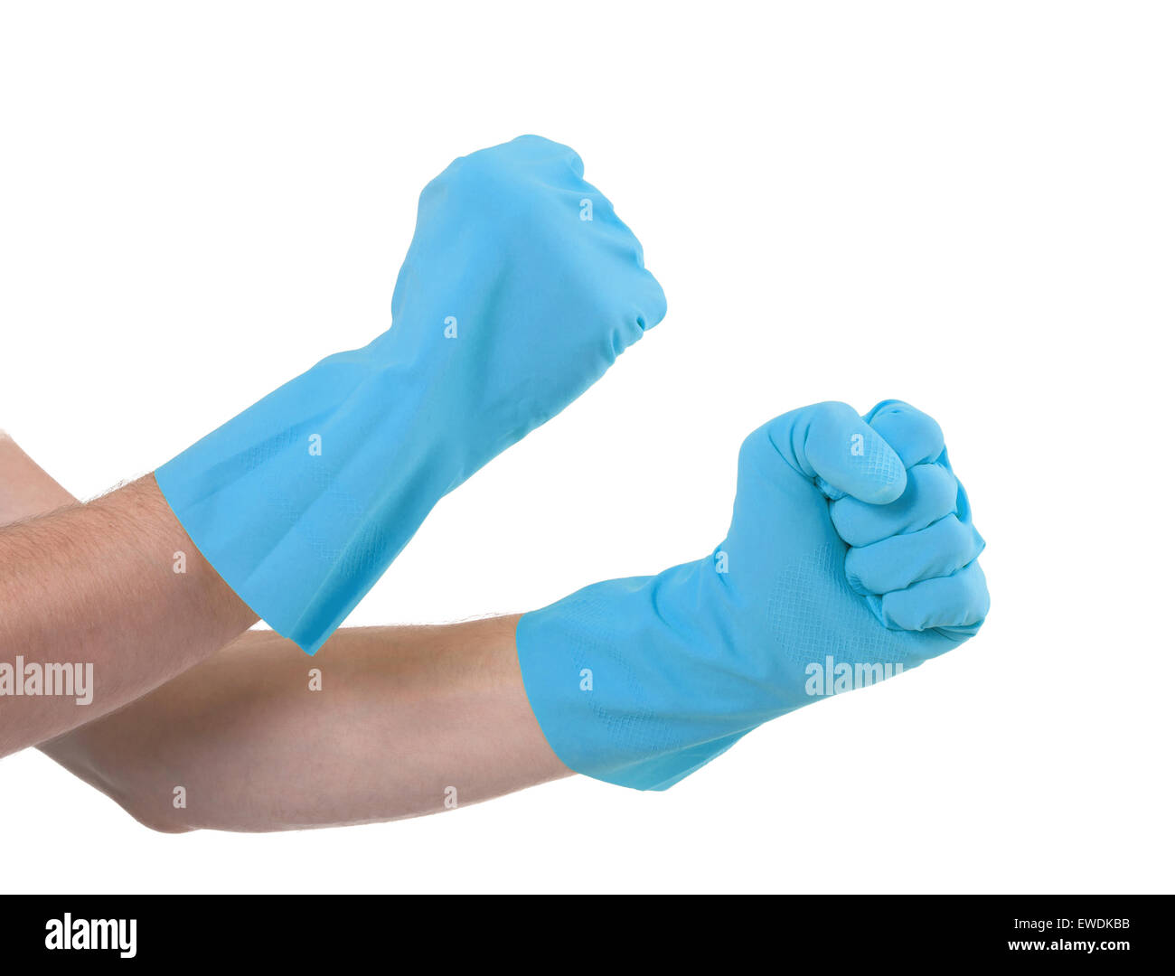 Dans les mains d'un des gants de caoutchouc gesturing fist isolé sur fond blanc Banque D'Images