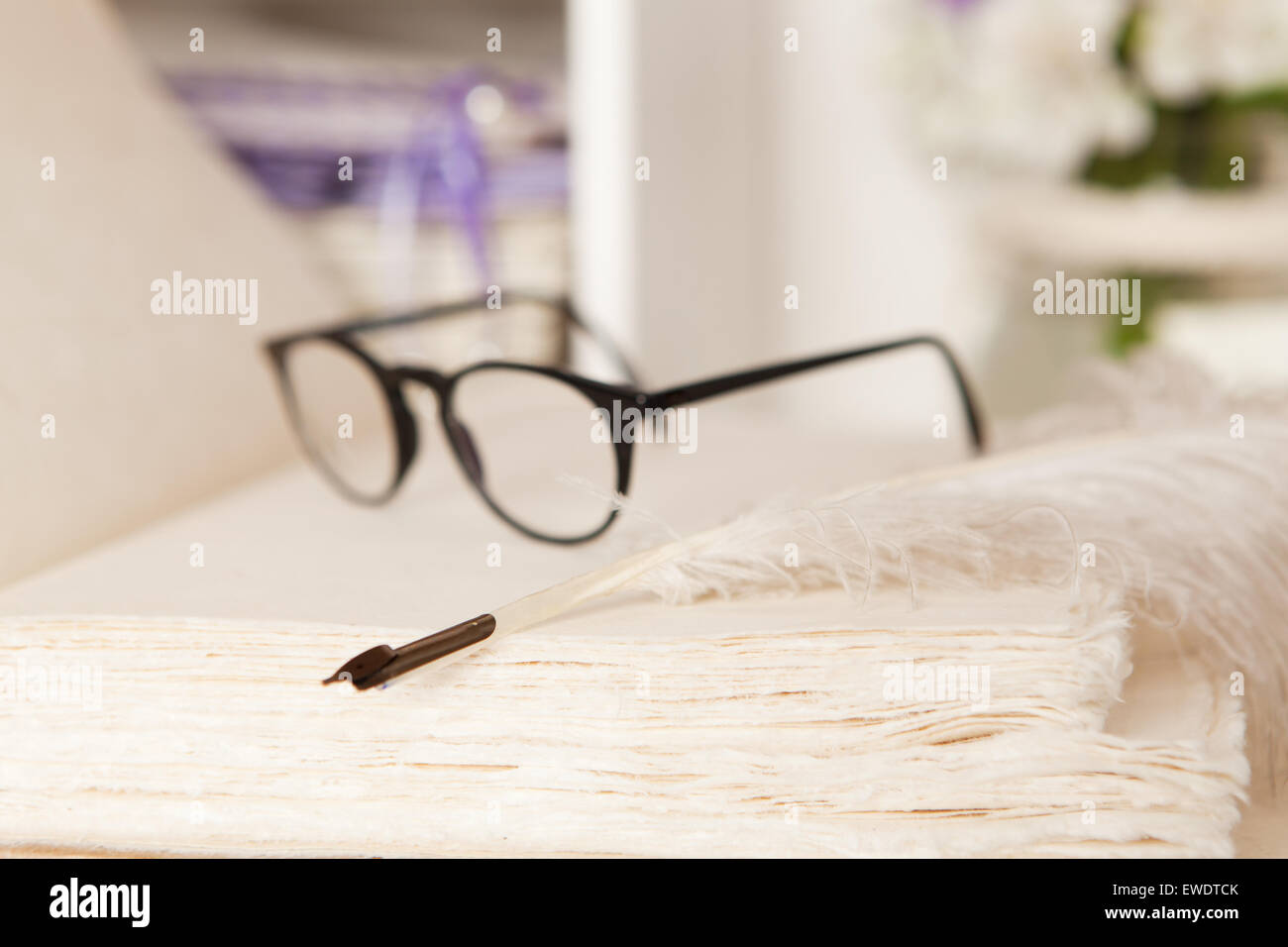 Les lunettes et stylo sur une page blanche d'un livre relié à la main Banque D'Images