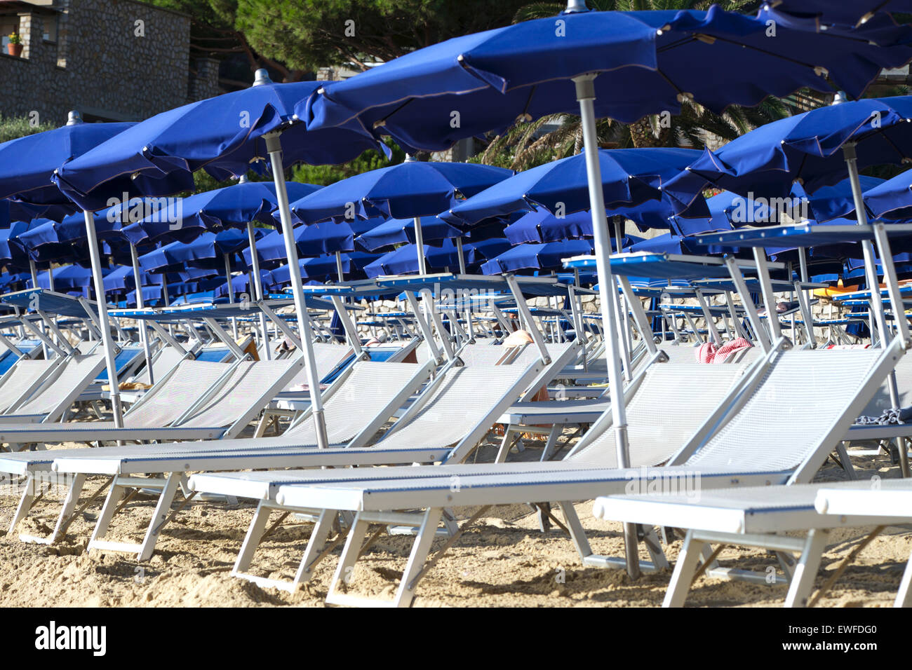 Chaises longues et parasols Banque D'Images