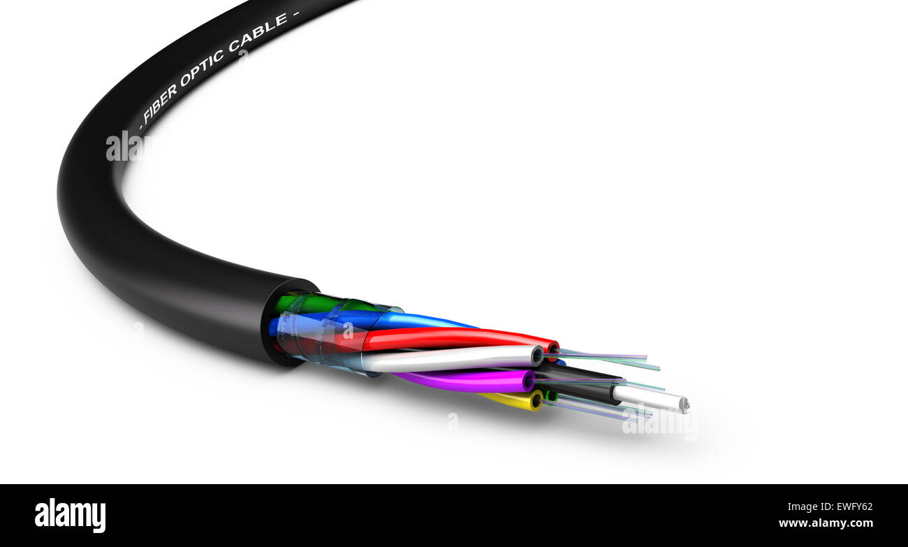 Dénuder le câble à fibres optiques sur fond blanc, de la technologie des réseaux. Banque D'Images