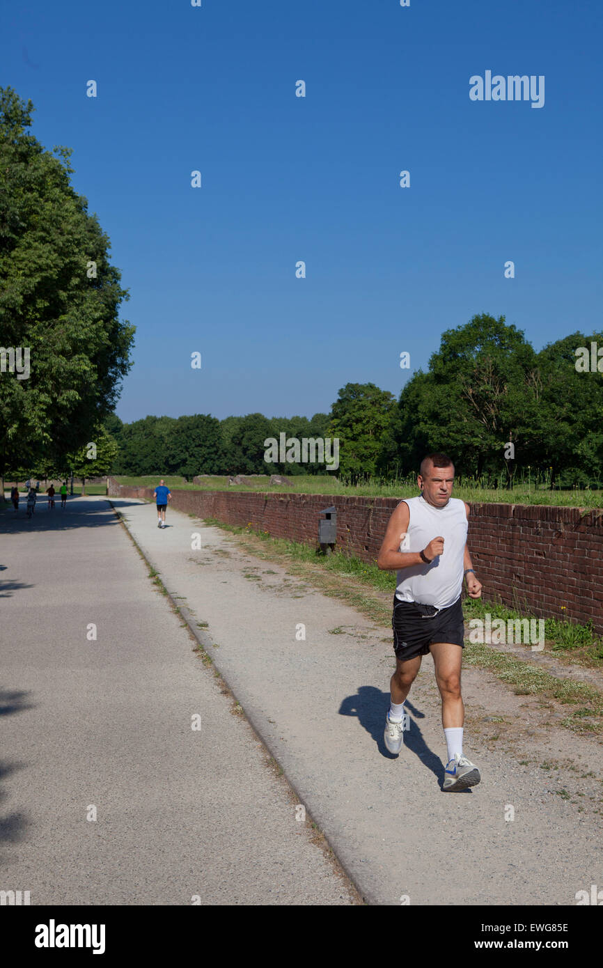 Jogger sur l'ancien mur de la ville, Lucca, Italie Banque D'Images