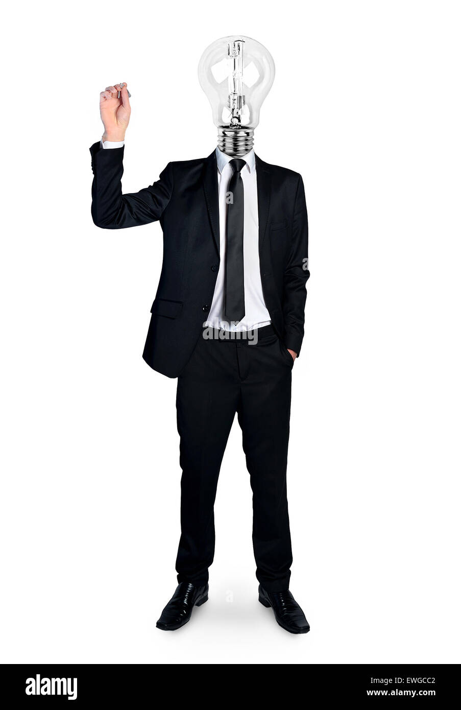 Un homme écrit quelque chose de la tête de l'ampoule Banque D'Images