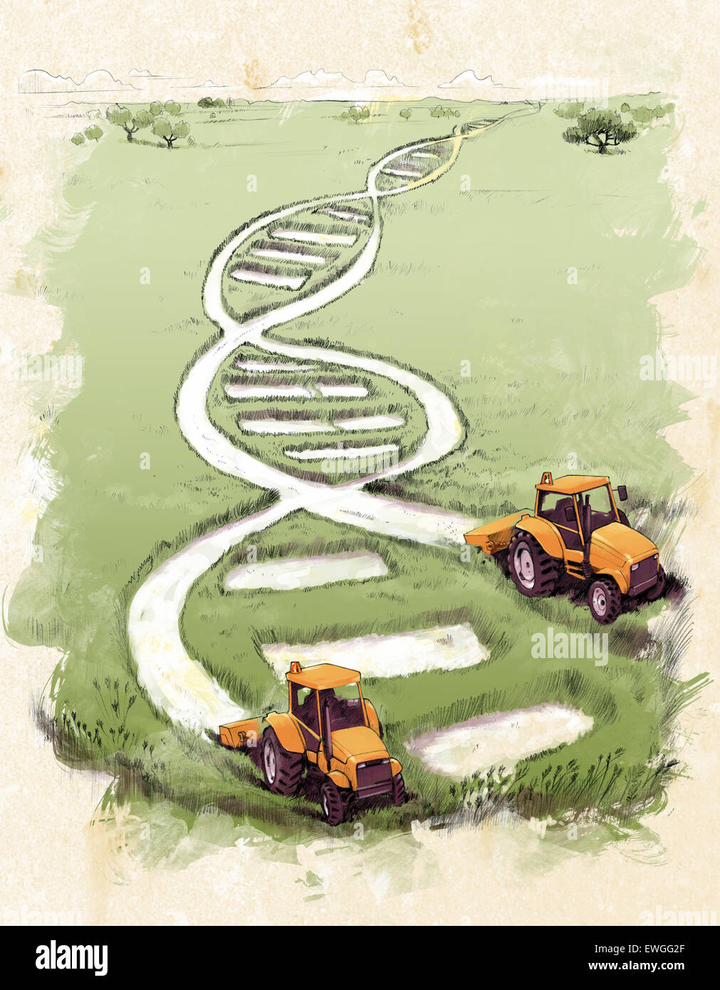 Image d'illustration du modèle de l'hélice avec des tracteurs agricoles sur le terrain Banque D'Images