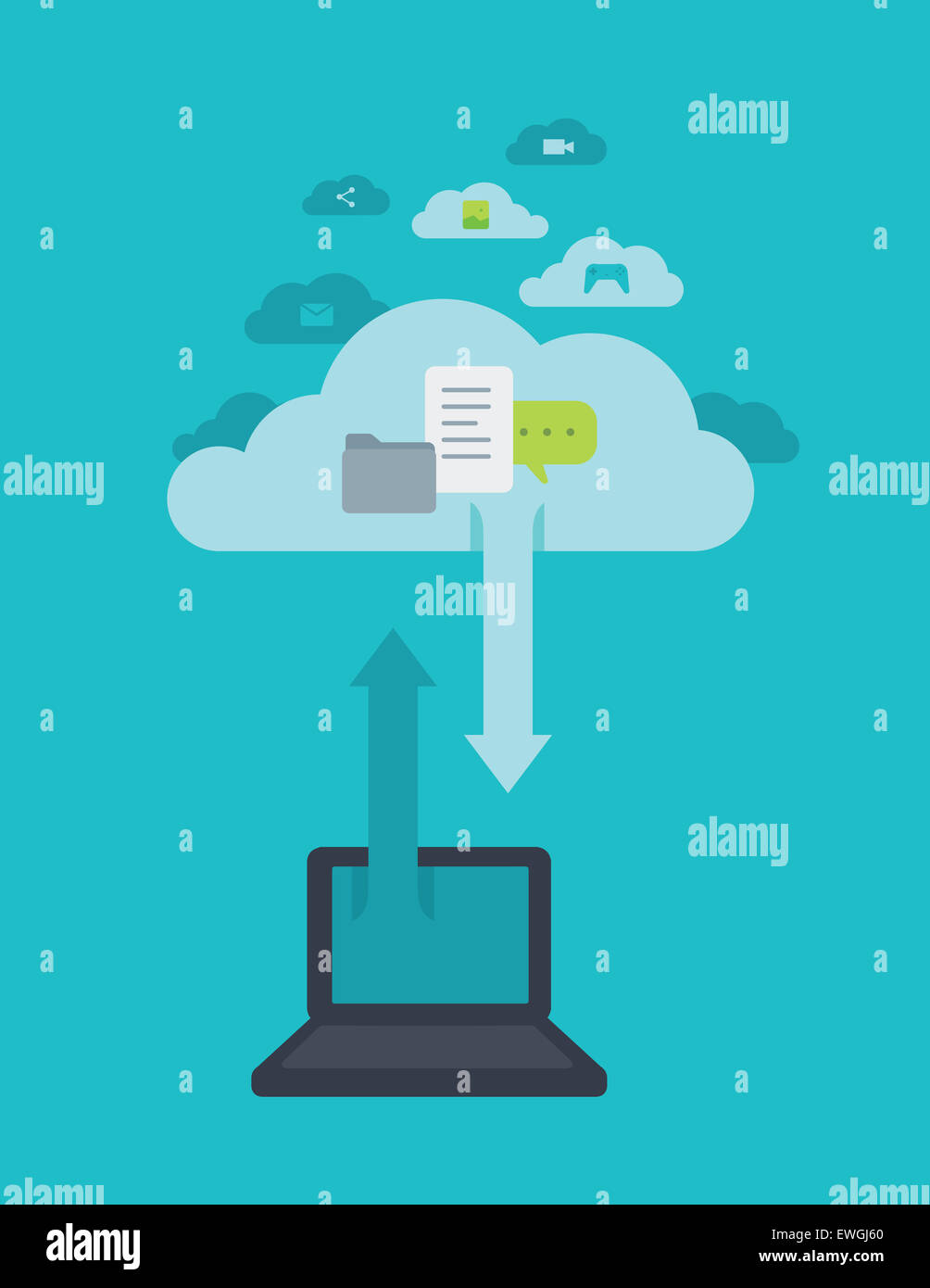 Image d'illustration de l'ordinateur portable avec le symbole des flèches dans le ciel représentant l'informatique en nuage Banque D'Images