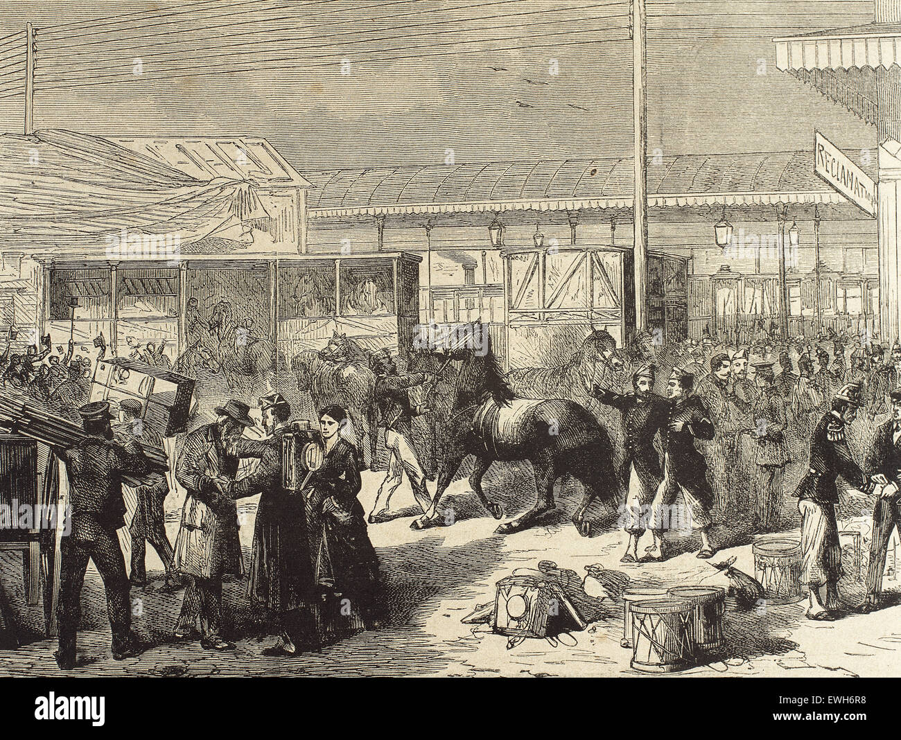 Guerre franco-prussienne. 1870-1871. Conflit entre le Second Empire et les états allemands de la Confédération d'Allemagne du Nord dirigée par le royaume de Prusse. Les troupes françaises de prendre les trains dans Paris. Gravure de Yon. La Ilustracion Espanola y Americana, 1870. Banque D'Images