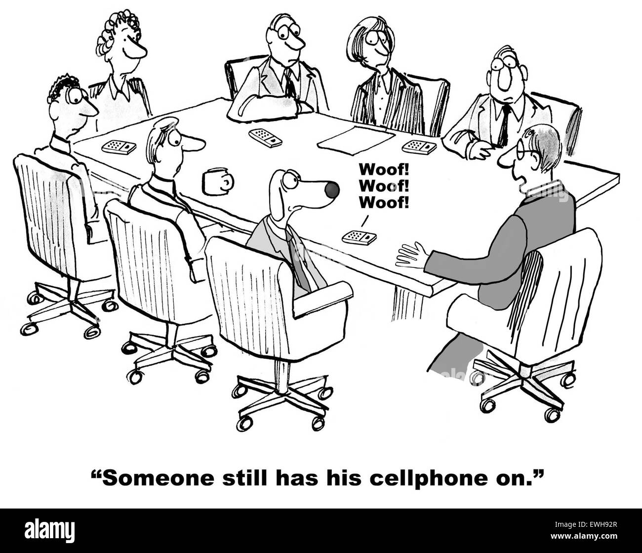 Caricature d'affaires de la réunion dont le monde des affaires chien, "quelqu'un a encore son téléphone cellulaire sur'. Banque D'Images