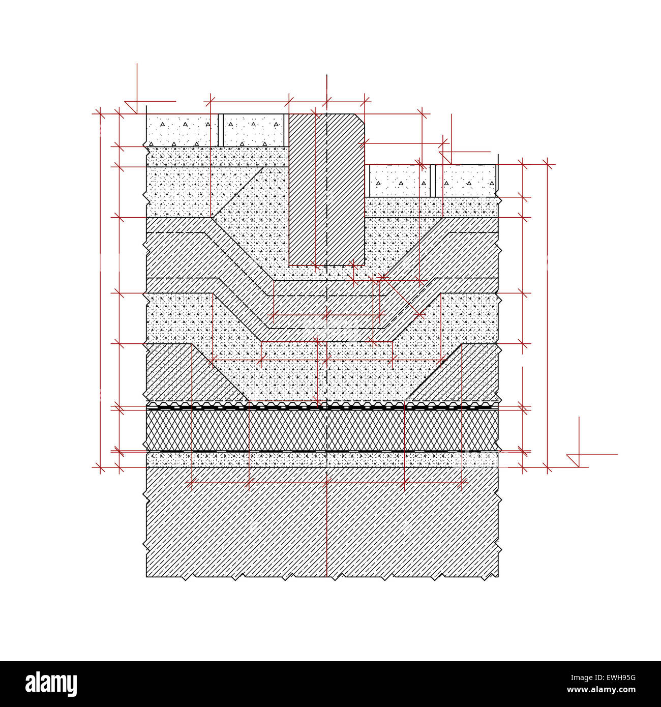 La section d'architecture détaillée d'une structure en béton avec revêtement couches de pavage en granit Banque D'Images