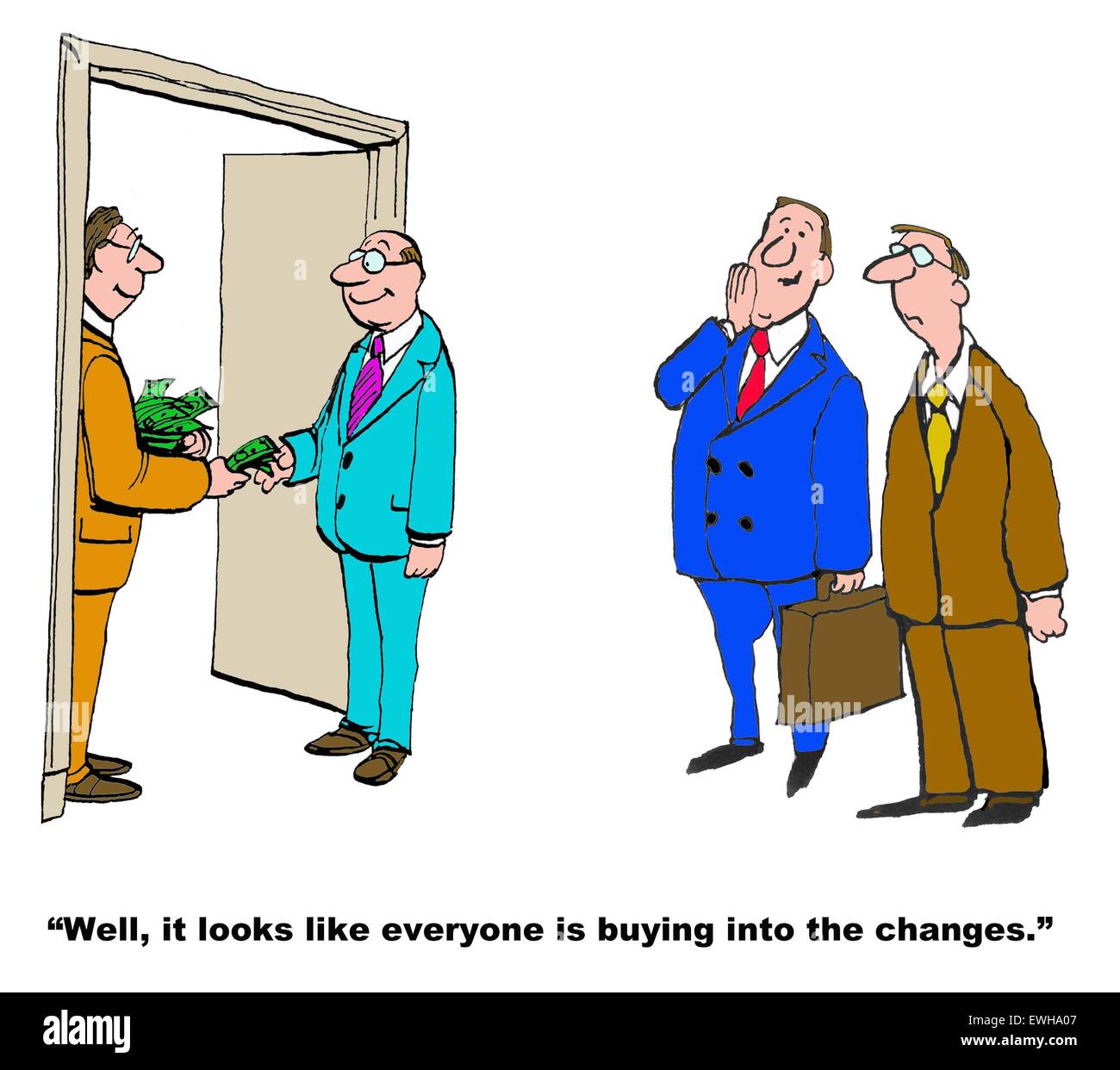 Caricature de manager d'entreprise d'argent à distribuer et travailleur patron murmurer, "il semble que tout le monde achète dans les modifications'. Banque D'Images