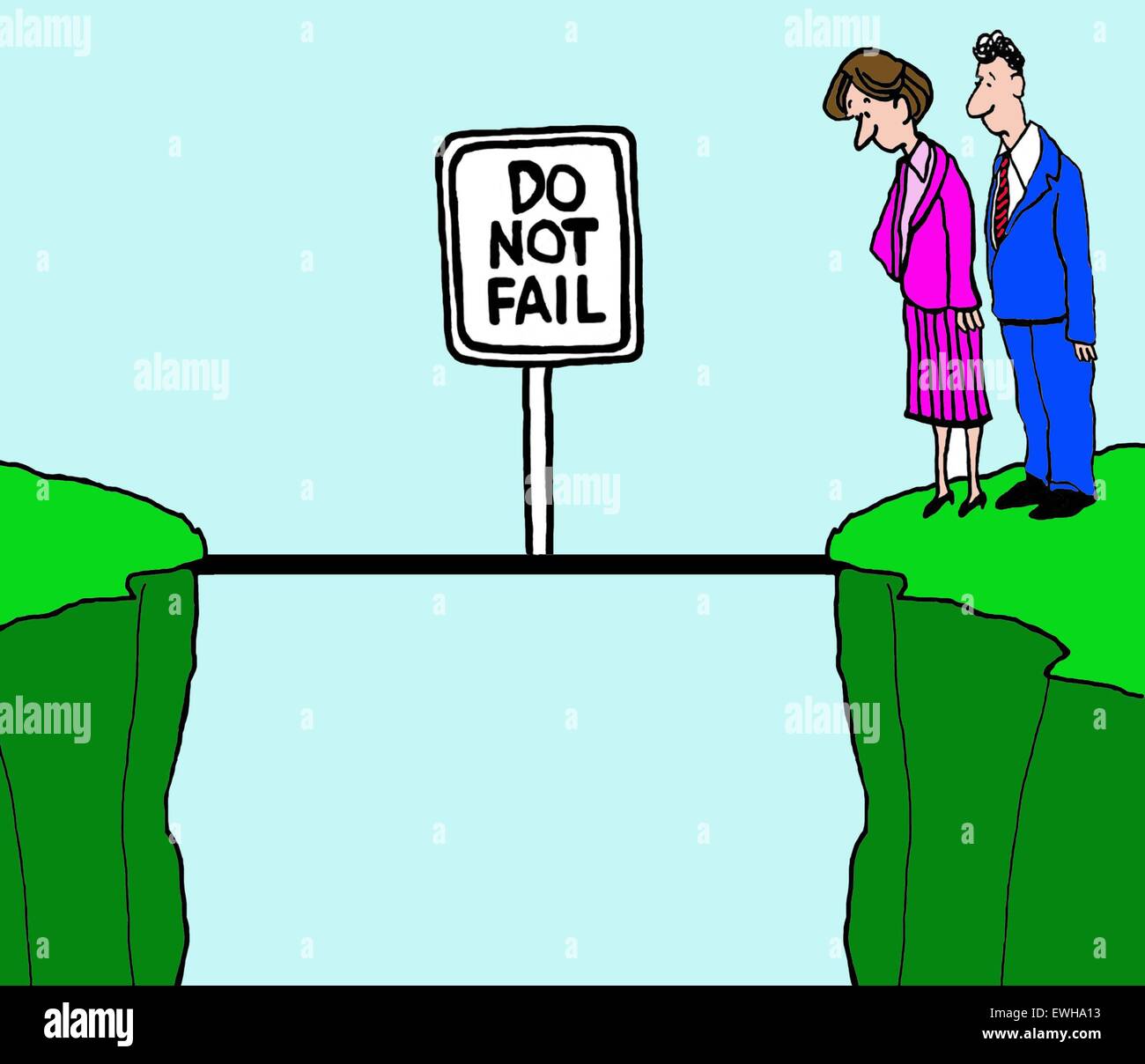 Caricature d'affaires d'affaires sur une falaise, un petit pont à second cliff et un signe qui se lit, 'ne pas échouer'. Banque D'Images