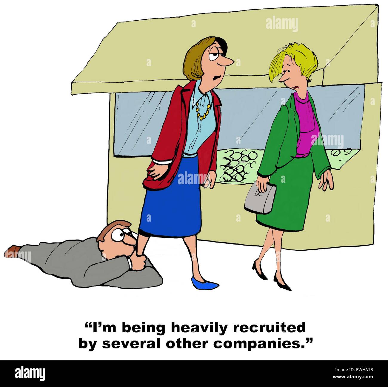 Caricature de patron d'entreprise gestionnaires accroché sur la jambe. Elle dit, 'Je suis fortement d'recrutés par plusieurs autres entreprises". Banque D'Images