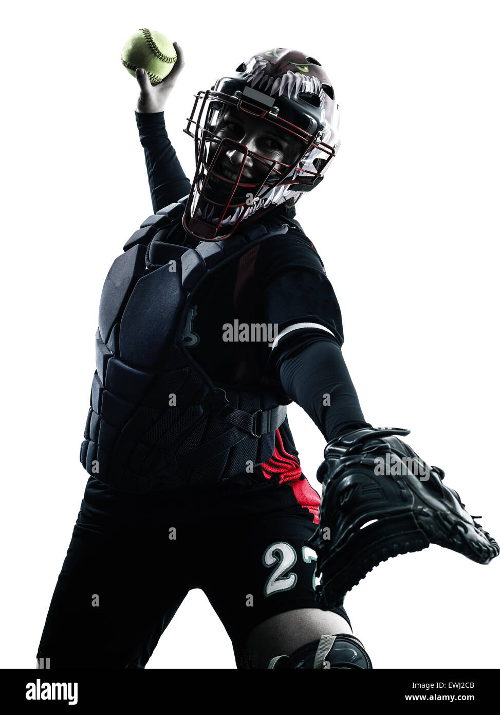 Une femme jouant les joueurs de softball en silhouette isolé sur fond blanc Banque D'Images