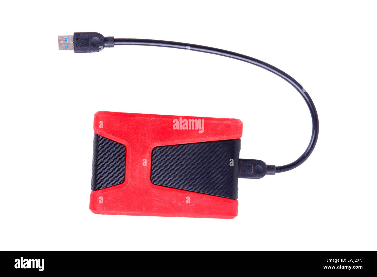 Disque dur rouge noir sur fond blanc et le câble USB. Banque D'Images