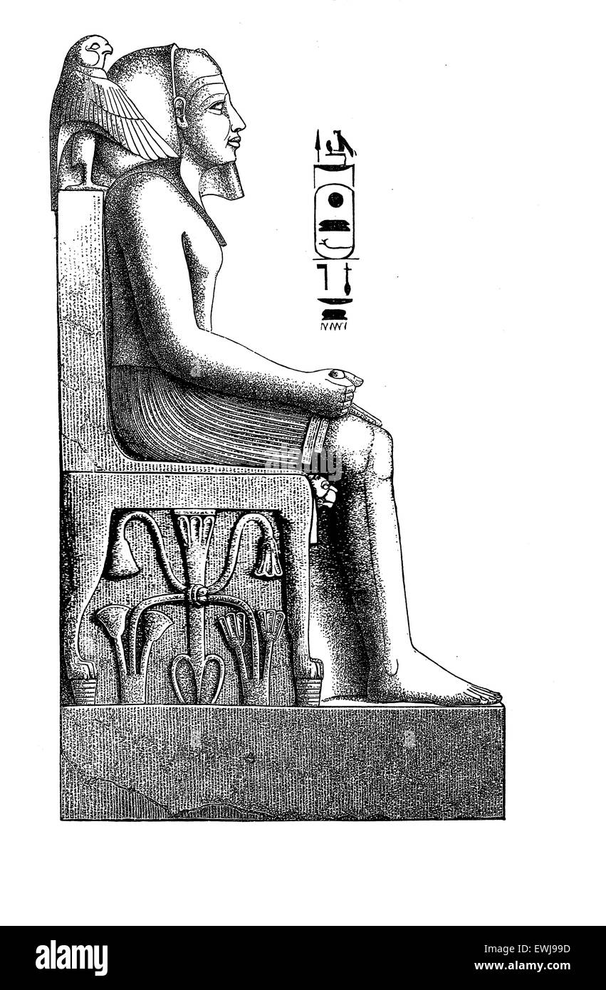 L'Égypte antique , Gravure - Portrait de Pharaon assis sur le trône avec des hiéroglyphes et de symboles sacrés Banque D'Images