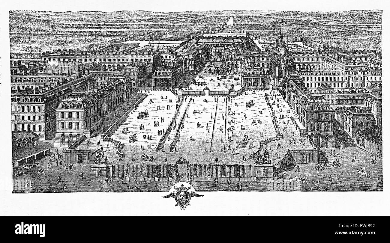 Gravure de la cour principale du château de Versailles, symbole de la monarchie absolue, sur 1715 Banque D'Images