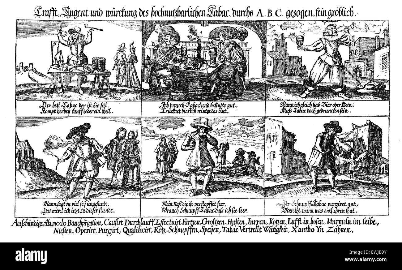 17e siècle caricatures dépeignant l'abus d'alcool et de tabac Banque D'Images