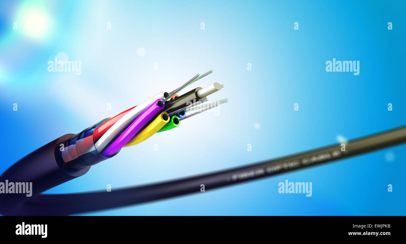 Dénuder le câble à fibres optiques sur fond bleu avec projecteurs, réseau de communication de la technologie. Banque D'Images