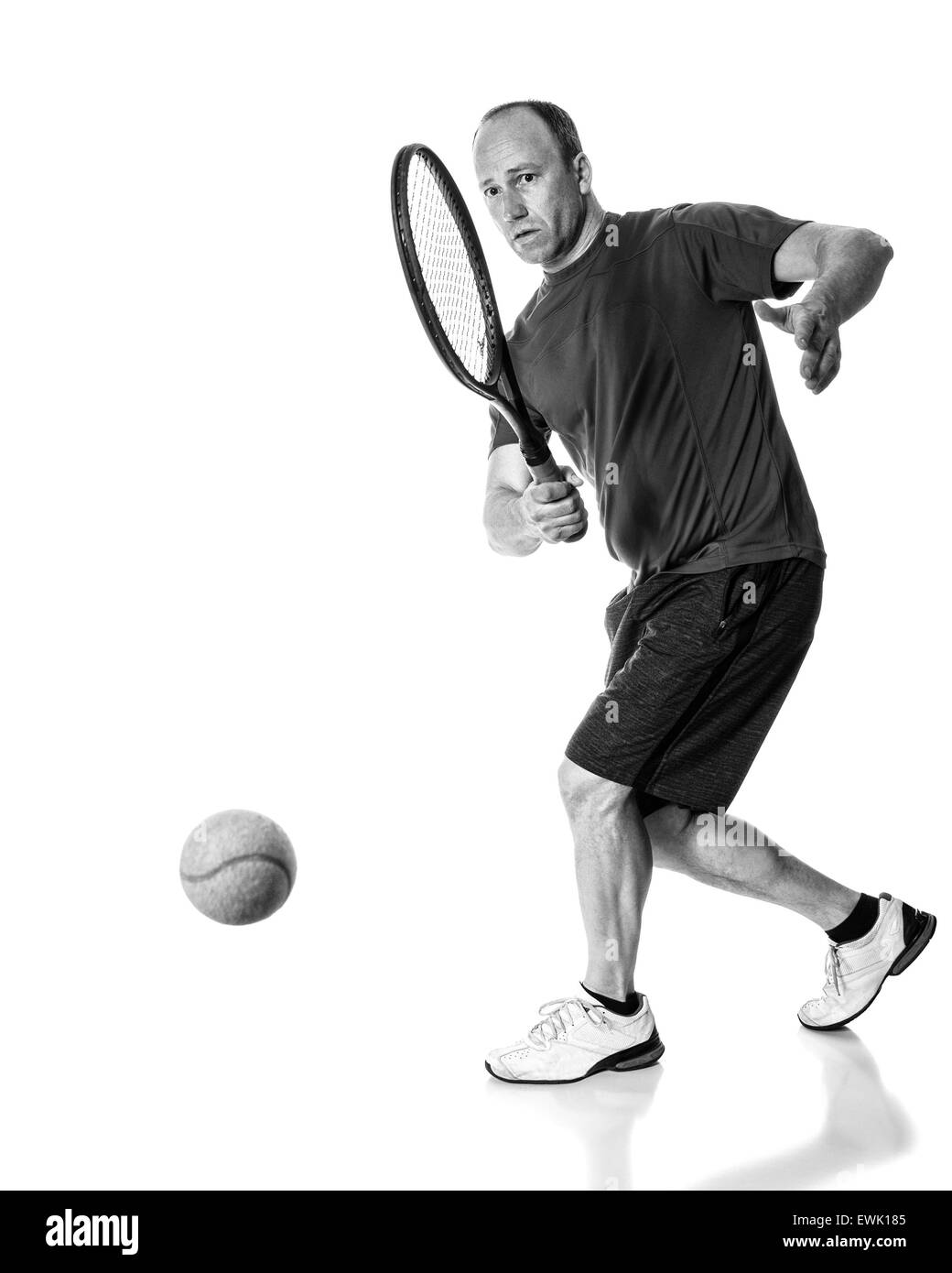 Tennis photo d'action. Du coup droit. Studio shot sur blanc. Banque D'Images