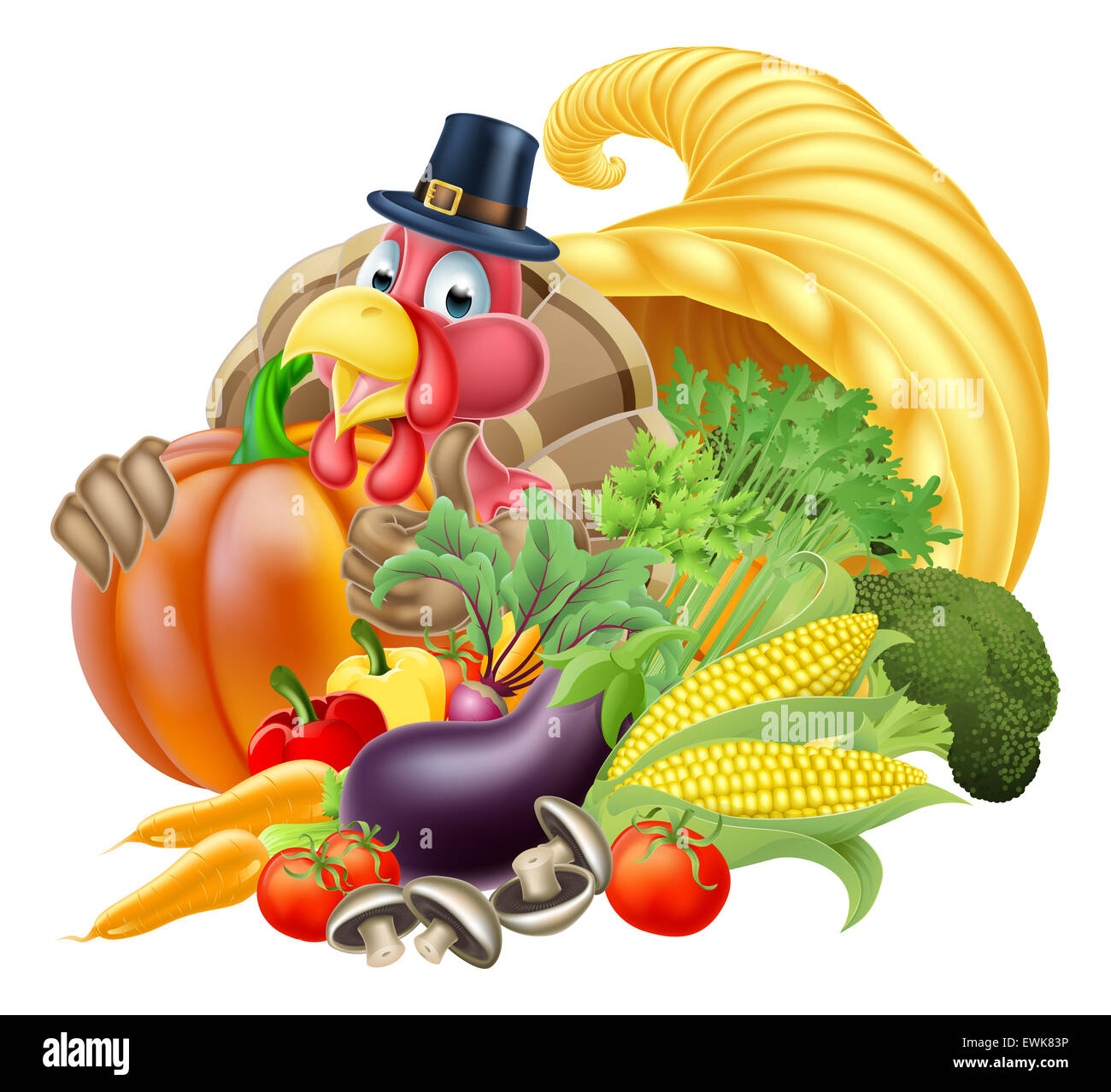 Thanksgiving Golden Horn of plenty cornucopia plein de légumes et de fruits produire avec cartoon turquie bird portant un pèlerin ou Banque D'Images