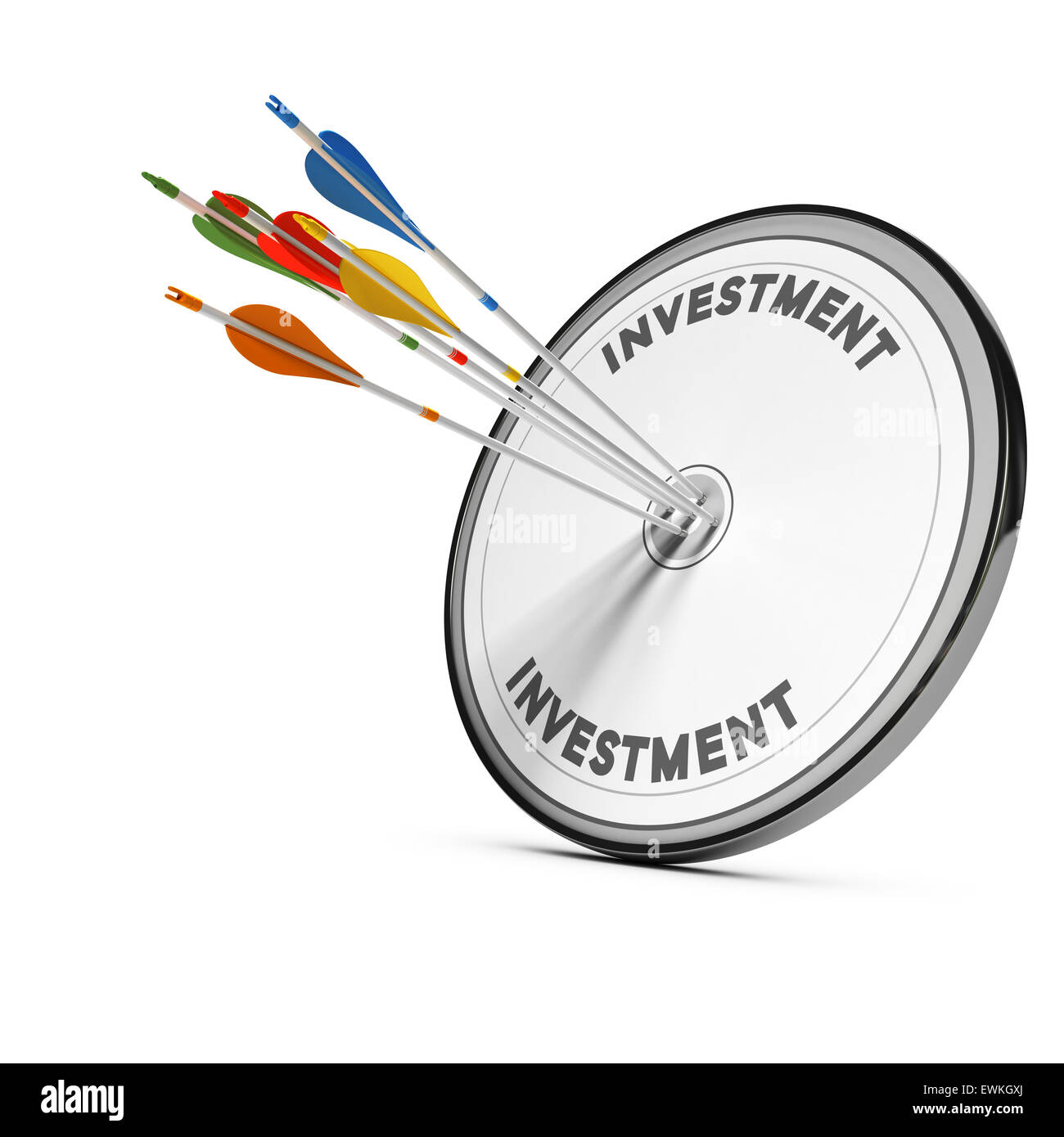 Cinq flèches en appuyant sur le centre d'une cible d'investissement financier, de l'image concept sur fond blanc. Banque D'Images