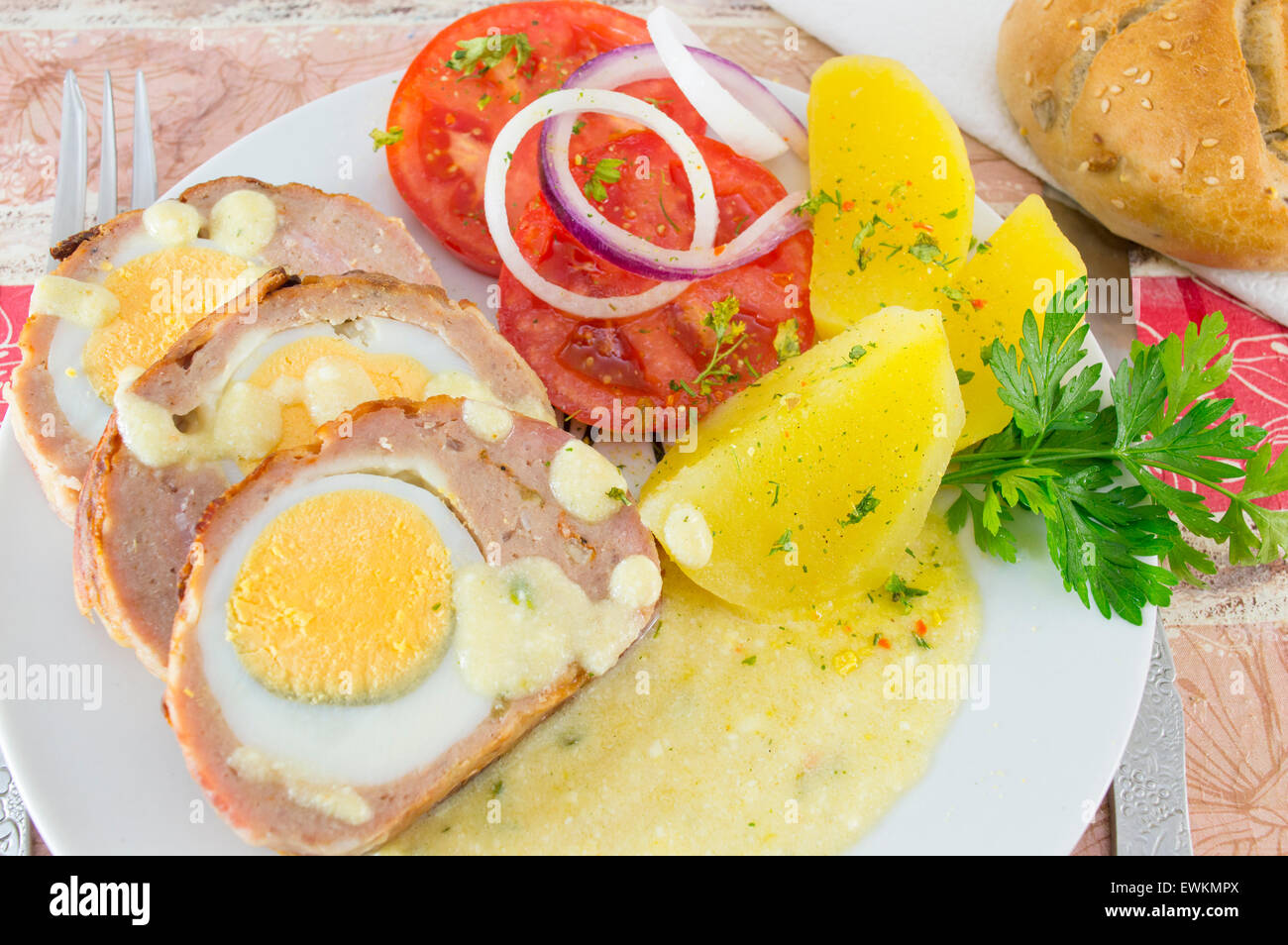 Repas coloré de la viande avec les pommes de terre et les tomates sur une plaque Banque D'Images