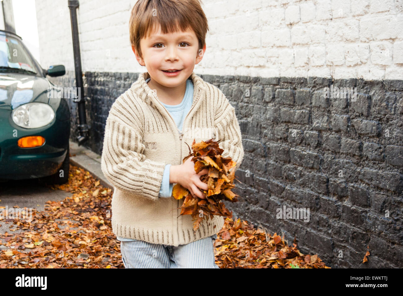 Caucasien enfant, garçon, 5-6 ans, marche towrads viewer sur une rue arborée en transportant un gros tas de feuilles d'automne brun dans ses mains. Des sourires. Banque D'Images