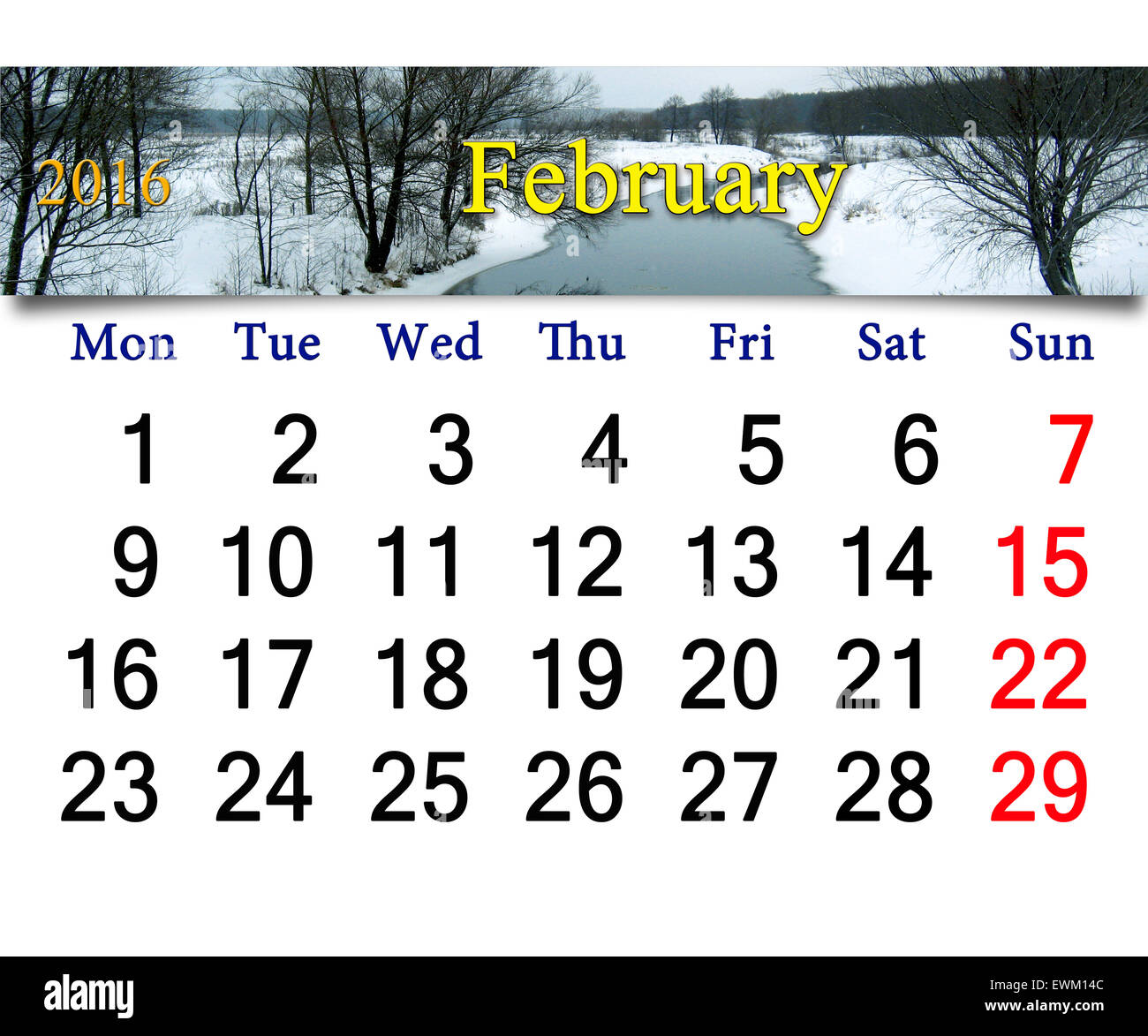 Calendrier pour 2016 avec la rivière d'hiver. Calendrier pour l'impression et utilisation dans la vie de bureau. Banque D'Images