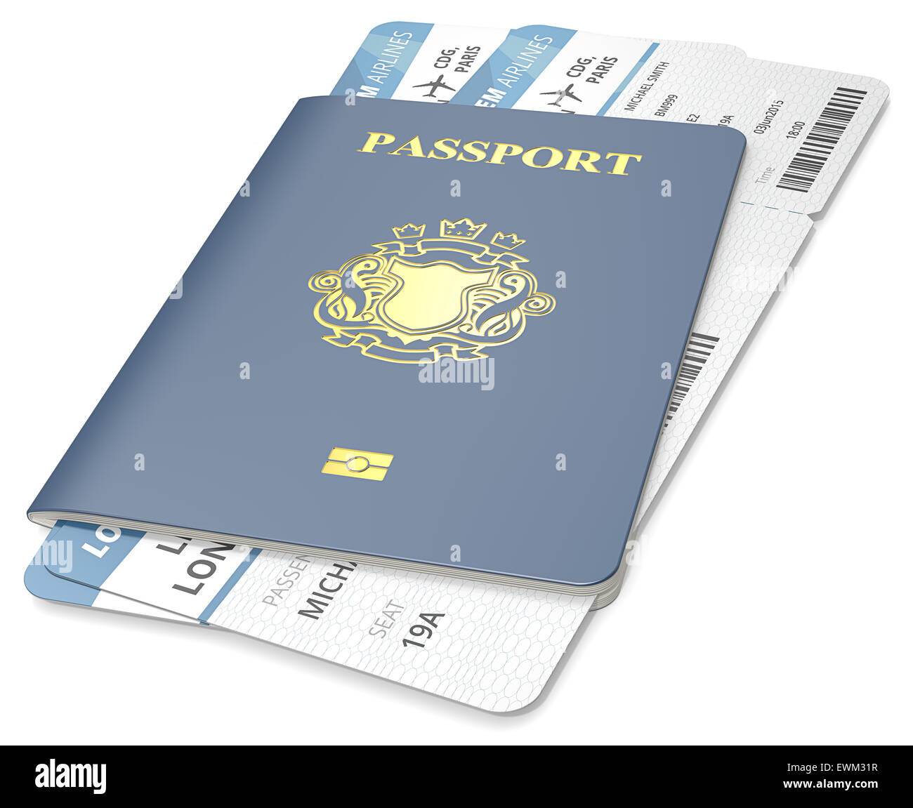 Passeport bleu et d'embarquement. Non-Country blason doré. Banque D'Images