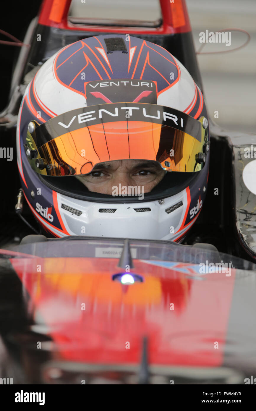 Londres, Royaume-Uni. 28 Juin, 2015. La série 11 de la FIA Formula E Visa Londres ePrix course de voiture électrique à Battersea Park, London, UK. Sur la photo : Stéphane Sarrazin de Venturi Crédit : David Stock/Alamy Live News Banque D'Images