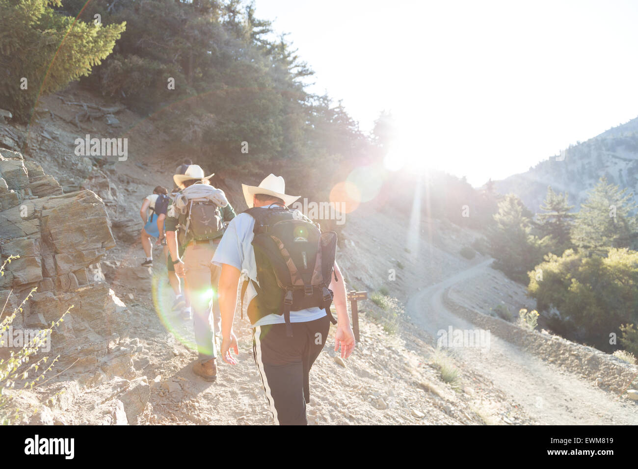Les randonneurs Cowboy la tête de singletrack raide dans les bois sur le chemin jusqu'à Mt. Baldy Banque D'Images