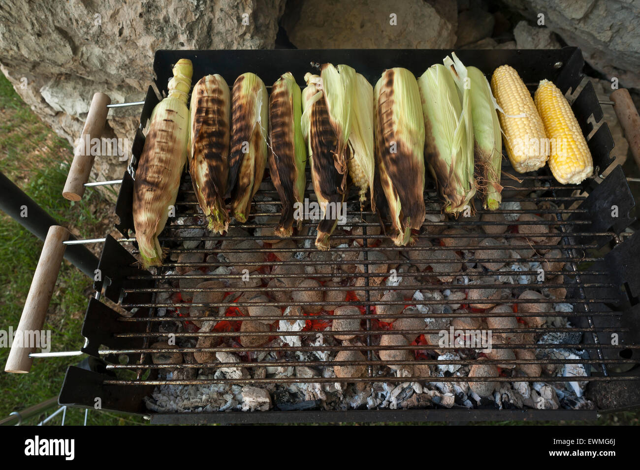 Des épis de maïs sur le barbecue, le charbon de bois incandescent à l'avant, Allemagne Banque D'Images