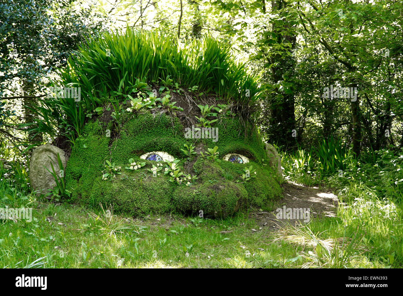 Les jardins PERDUS DE HELIGAN. CORNWALL UK. Les GIANTS HEAD SCULPTURE Banque D'Images
