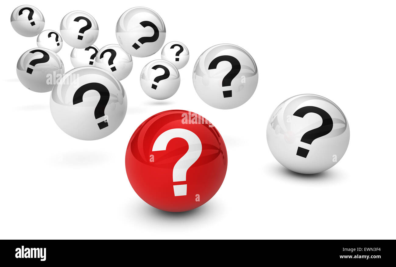 Questions d'un client et point d'interrogation sur bouncing sphères brillant 3D render isolé sur fond blanc. Banque D'Images