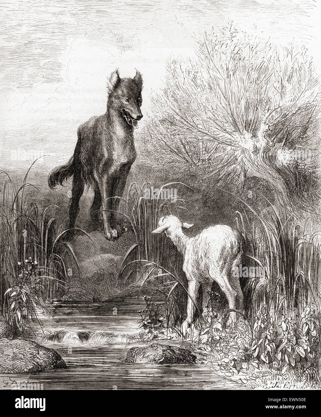 L'illustration de Gustave Doré de la fable de La Fontaine le loup et l'agneau, (Le loup et l'Agneau). Banque D'Images