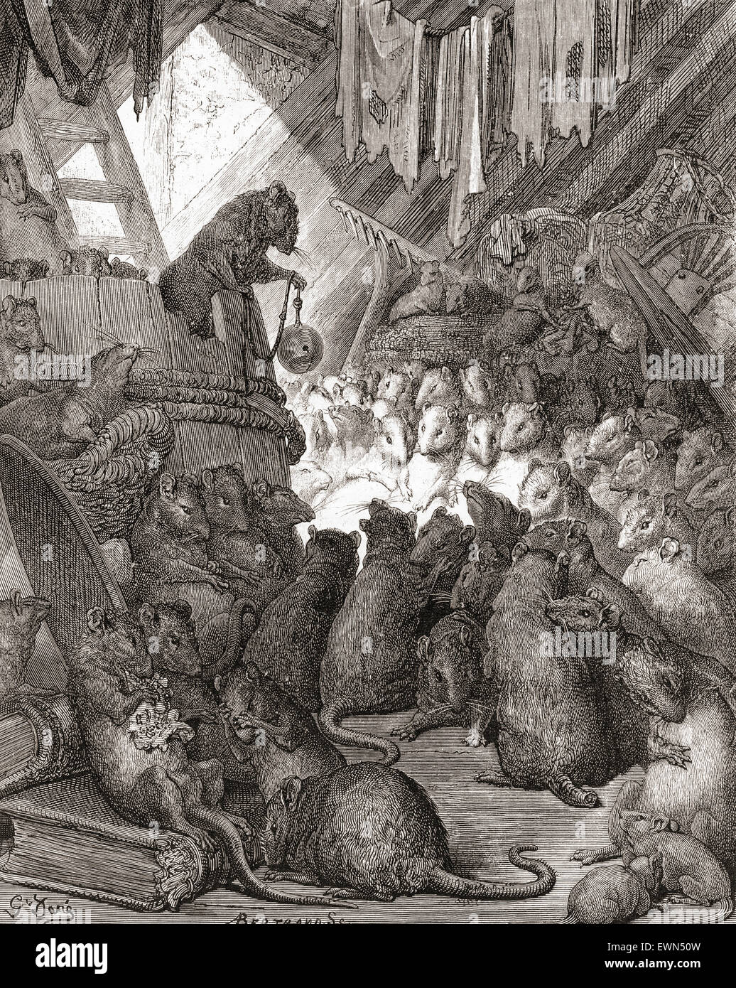 L Illustration De Gustave Dore De La Fable De La Fontaine Les Souris En Conseil Conseil Tenu Par Les Rats Aussi Connu Sous Les Titres De Belling Le Chat Et La Cloche Et